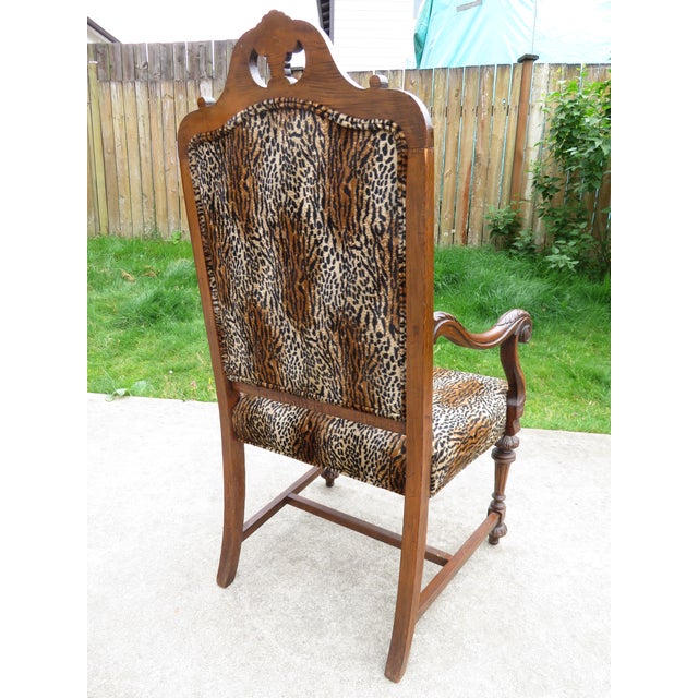 Antique Carved Wood Spanish Revival Arm Throne Chair W/ Leopard Tiger Jungle Cat Velvet Upholstery For Sale - Image 15 of 17
