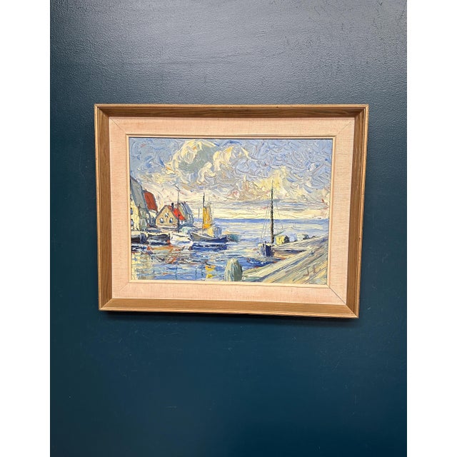 Scandinavian School, Port with Moored Sailboats, 1950s, Oil on Panel, Framed For Sale - Image 11 of 14