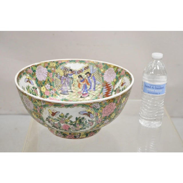 Vintage Rose Medallion Chinese Export Porcelain 12" Figural Painted Bowl. Circa Late 20th Century. Measurements: 6.25" H x...