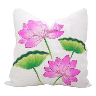 Fabdivine Pure White Linen Handmade Block Print Floral Design Throw Pillow Cover 16x16 Inches - Kamal For Sale