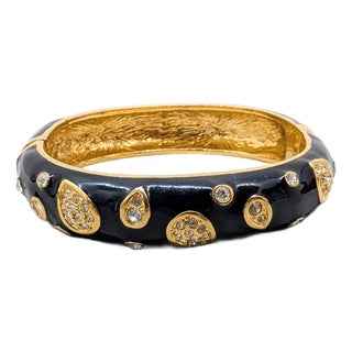 Vintage Signed Napier Goldtone Black Enamel & Clear Rhinestone Cuff Bracelet For Sale