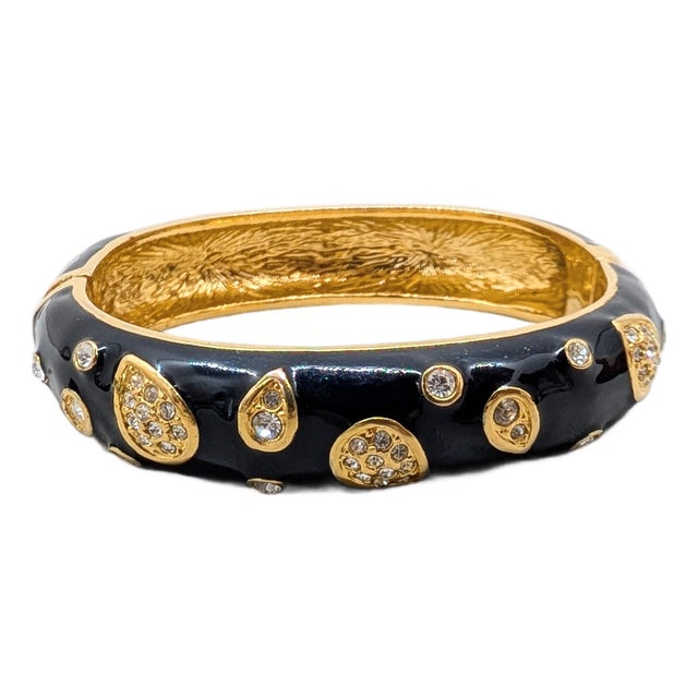 Vintage Signed Napier Goldtone Black Enamel & Clear Rhinestone Cuff Bracelet For Sale