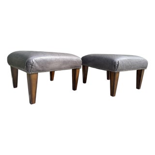 King Hickory Gray Leather Nailhead Ottomans, a Pair For Sale
