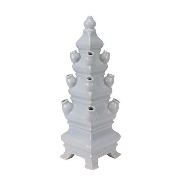 Chinese 1990s White Flower Porcelain Pagoda Sculpture Tulip Vases For Sale - Image 3 of 3