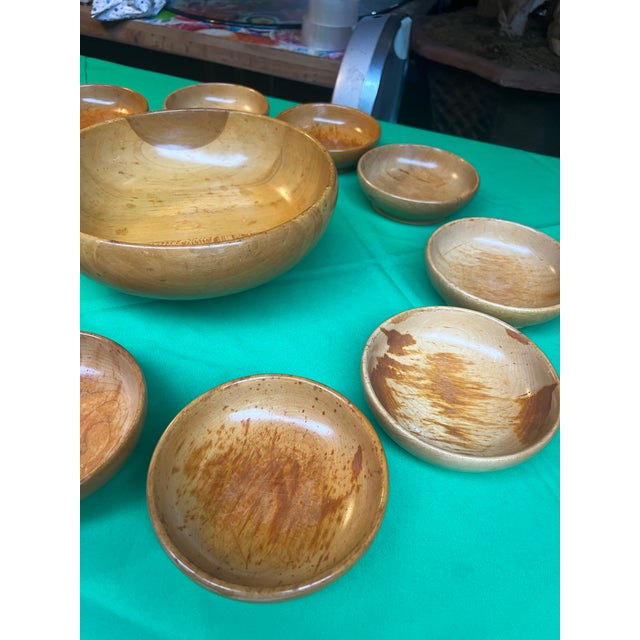 1970s Collection of Stamped Sterling Silver Pedestal Wooden Bowl With Serving Dishes - Set of 12 For Sale - Image 4 of 12