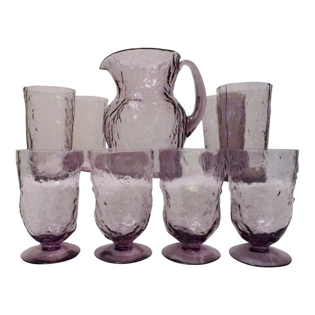 Mcm Russel Wright Old Morgantown Amethyst Crinkle Glass Set Of 9