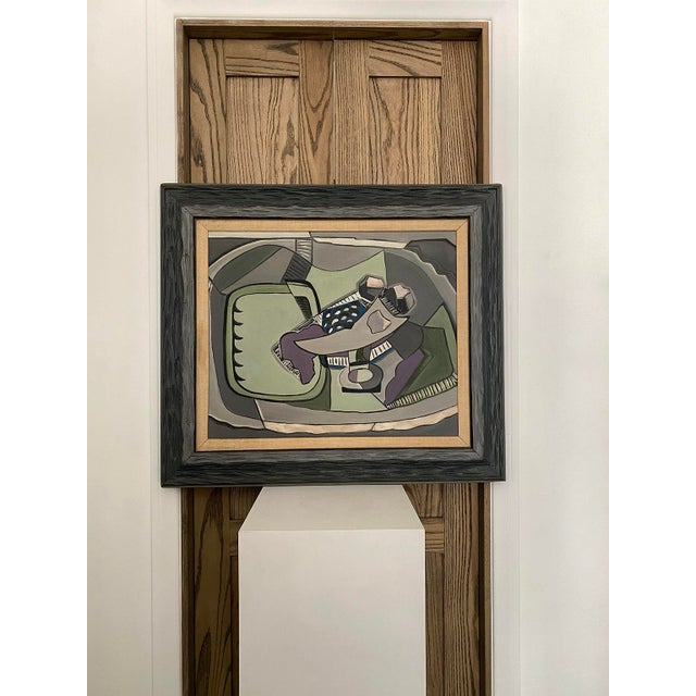 20th Century Still life painting in the cubist style. Dipicting abstract sardines. Signed D. Orgen 1967. Original wood...