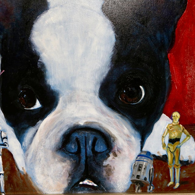 Early 20th Century Framed Boston Terrier Dog Portrait With Star Wars Figurines Oil Painting For Sale - Image 4 of 11