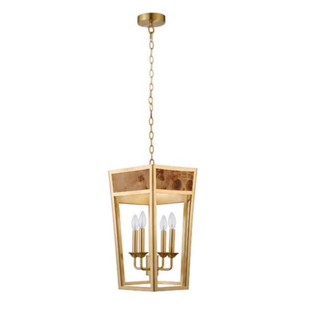 Contemporary Matthew Izzo Home Ren Gold Metal Hexagon Lantern Style Pendant Light With Inset Burlwood For Sale - Image 3 of 7