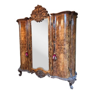 Early 20th Century Italian Baroque Revival Burl Wood Triple Armoire For Sale