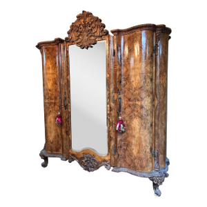 Early 20th Century Italian Baroque Revival Burl Wood Triple Armoire