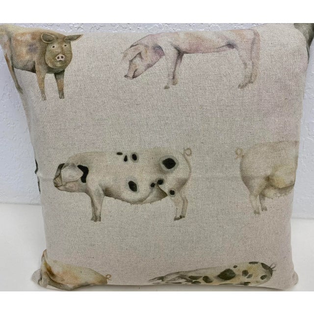 American 16" Square Pillow Adorned With Jovial Rustic Pigs of Various Sizes & Colors - Made in Uk For Sale - Image 3 of 10