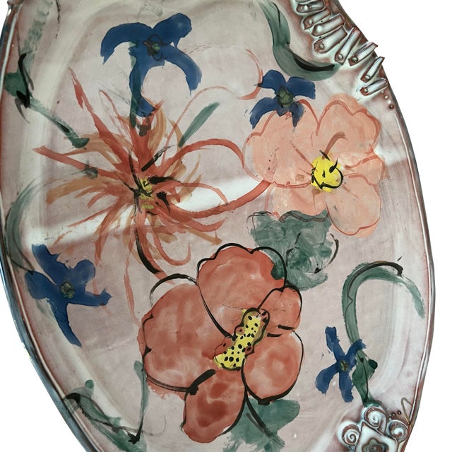 1990s Lilac Floral Platter Handmade and Signed by Sandra Egan For Sale