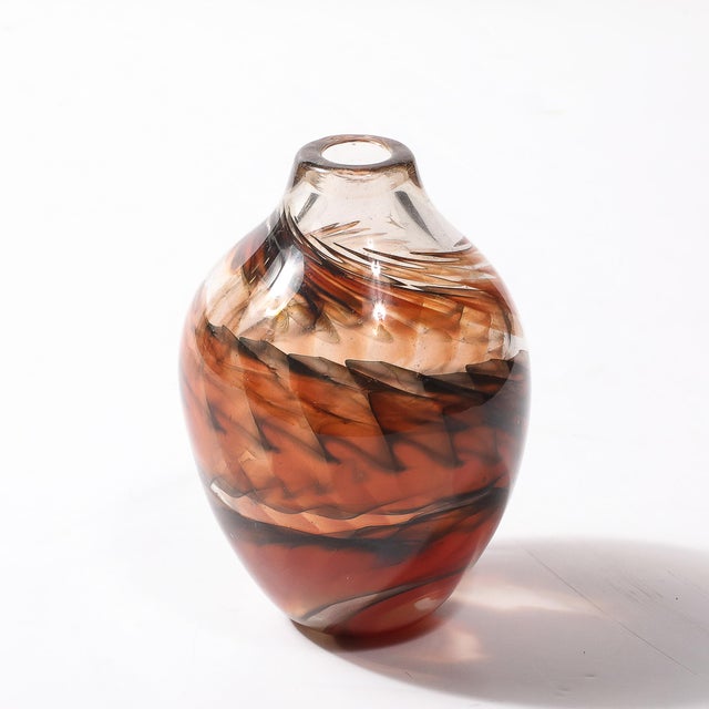 Mid-Century Hand-Blown Signed Glass Vase W/ Spiral Smoked & Flame Orange Details For Sale - Image 4 of 10