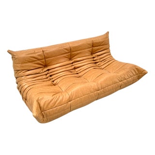 French 3-Seater Togo Sofa in Camel Leather attributed to Michel Ducaroy for Ligne Roset For Sale