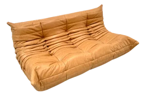 French 3-Seater Togo Sofa in Camel Leather attributed to Michel Ducaroy for Ligne Roset