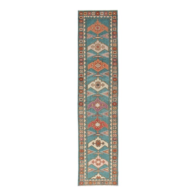 Vintage Turkish Oushak Runner With Teal, Rust, Ivory, and Lavender Tones For Sale