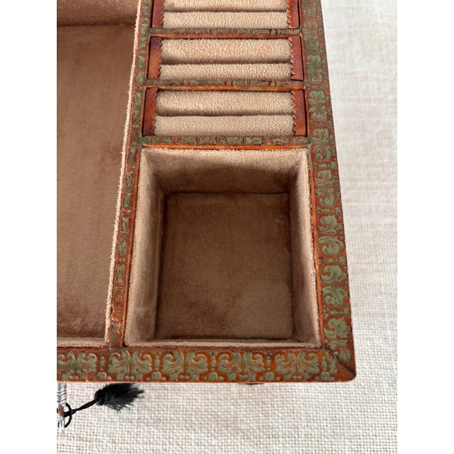 Vintage Italian Florentine Gold Embossed Leather Wrapped Jewelry Box With Key For Sale - Image 11 of 12