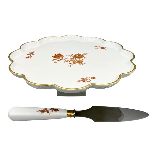 Vintage Limoges France Porcelain Pedestal Cake Stand With Matching Server – Gilt Scalloped Edge For Sale