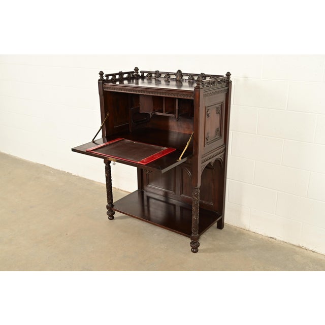 Antique English Victorian or Gothic Revival Carved Walnut Drop Front Secretary Desk | Circa 1880s For Sale In South Bend - Image 6 of 14
