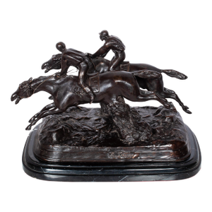 Antique French 19th Bronze Equestrian Group Horses Jockeys Statue Sculpture by Paul Louis Emile Loiseau-Rousseau, Paris 1895