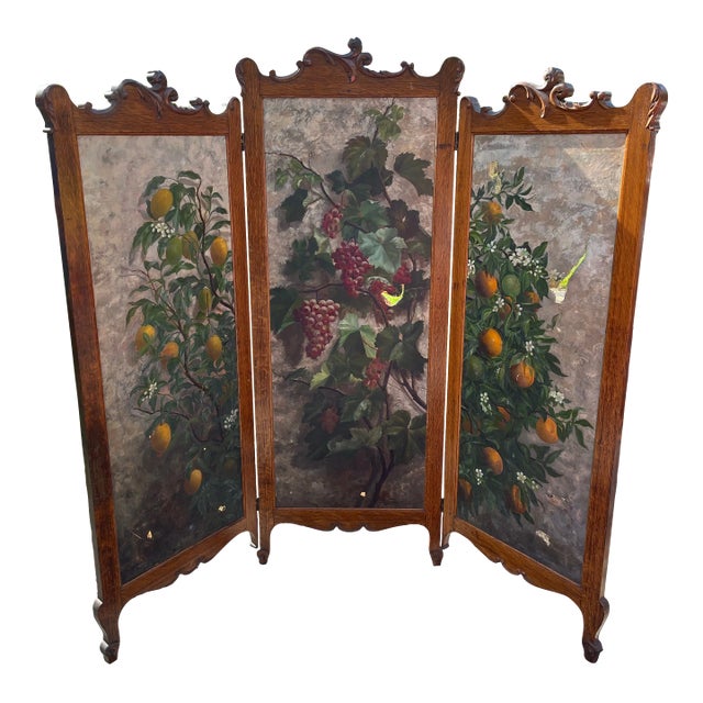 Antique Oak Hand-Painted 3-Panel Screen For Sale