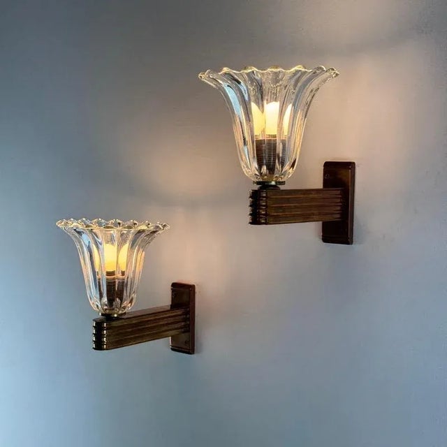 Metal Murano Bellflower Wall Sconces by Ercole Barovier for Barovier & Toso, 1940s, Set of 2 For Sale - Image 7 of 17