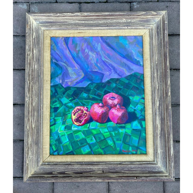 Original oil painting on canvas of a still life with pomegranates. Signed and dated to the lower right, Noelle DeSantis...