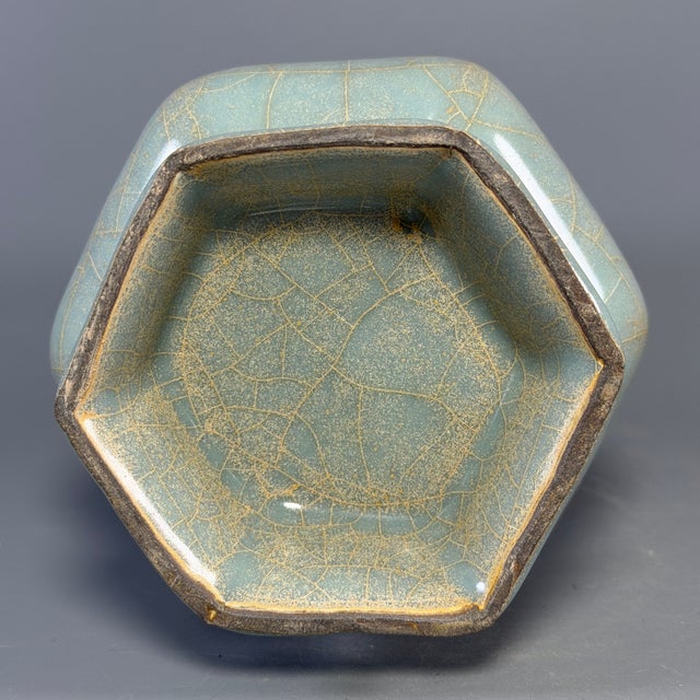 Celadon Antique Chinese Official‑Style Celadon Hexagonal Porcelain Vase For Sale - Image 8 of 8