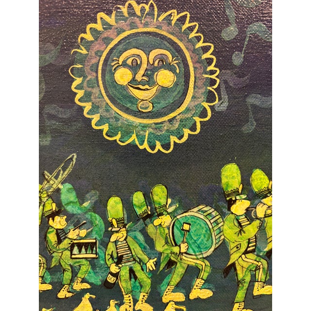 Pair of Vintage Post Modern Signed 1972 Whimsical Folk Paintings on Stretched Canvas – Fire Truck & Marching Band (Pair For Sale - Image 18 of 18