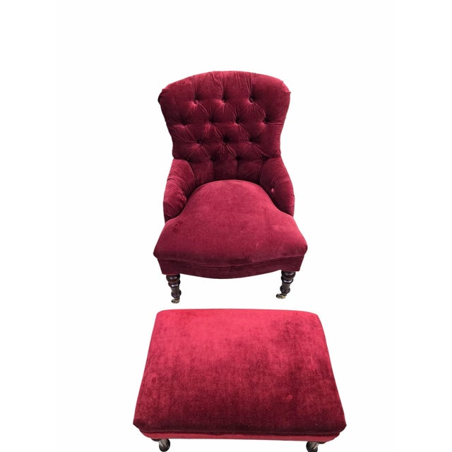 Late 19th Century French Napoleon III Button-Tufted Lounge Chair & Ottoman in Original Red Velvet For Sale - Image 4 of 12
