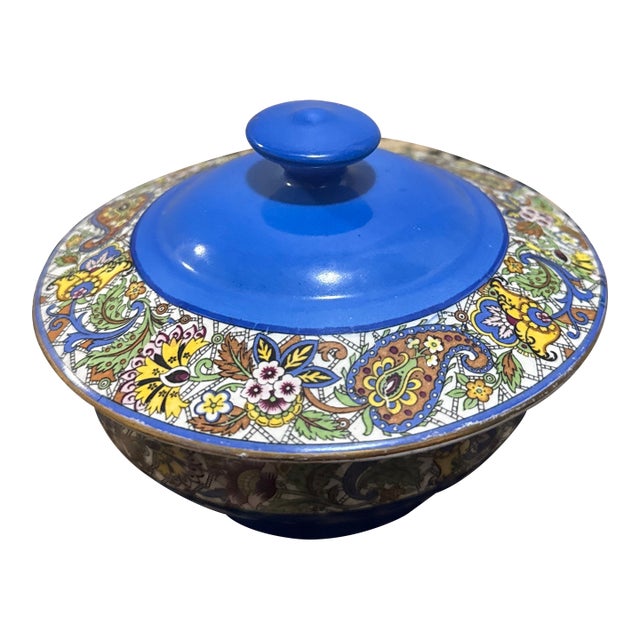 Blue Trinket Dish With Floral Pattern Made in England For Sale