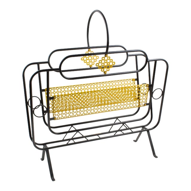 Mathieu Matégot Style Magazine Holder Rack Yellow and Black Metal For Sale