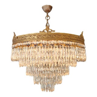 Antique Art Deco Neoclassical Brass and Crystal Chandelier Plafonnier Ceiling For Sale