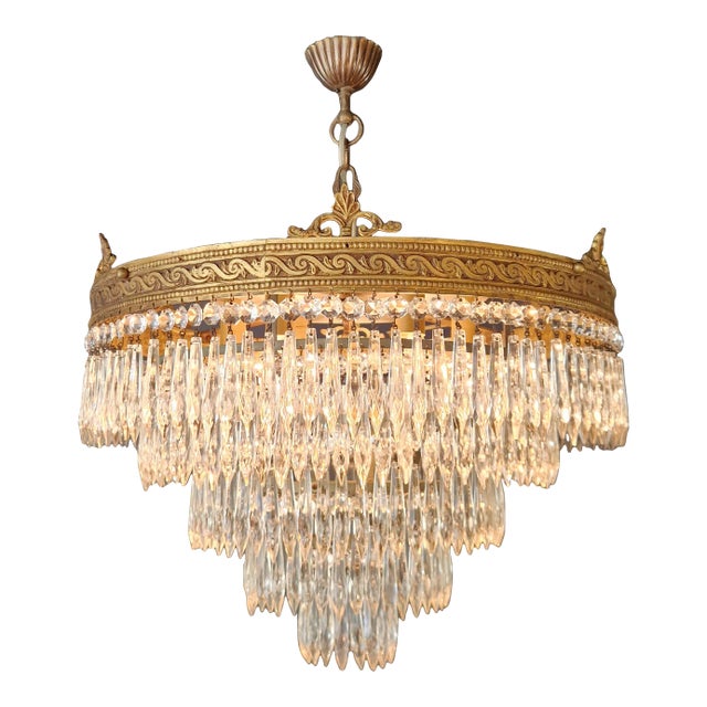 Antique Art Deco Neoclassical Brass and Crystal Chandelier Plafonnier Ceiling For Sale