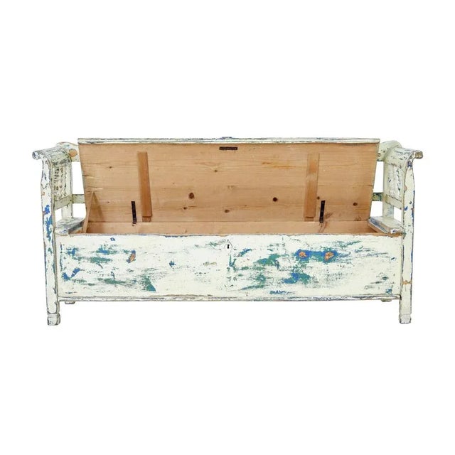 Large swedish 19th century painted pine bench circa 1890. Here we present a swedish painted bench which has been dry...