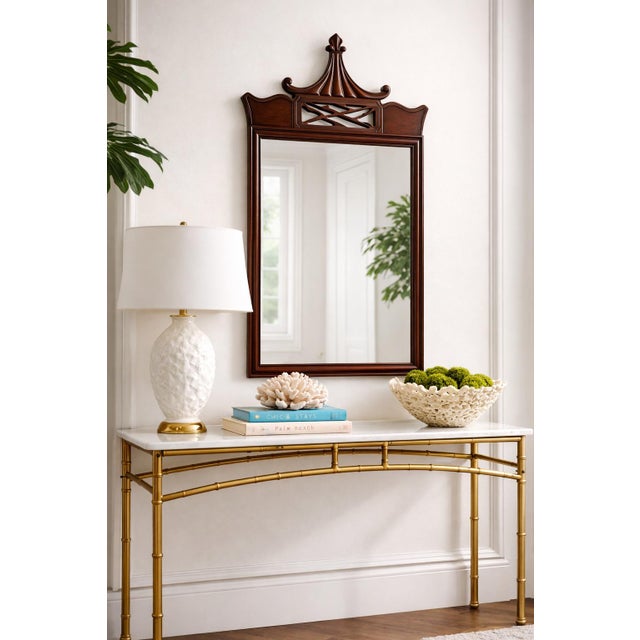 Auburn Vintage Chinoiserie Pagoda Crest Mahogany Wall Mirror With Fretwork Panel – Mid Century Hollywood Regency For Sale - Image 8 of 8