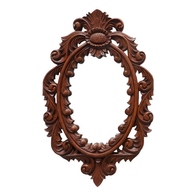 French Carved Walnut Oval Mirror with Pierced Acanthus Crest, 1900 For Sale
