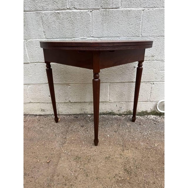 Antique half moon tiger oak demi lune single drawer dold down top console table or game table. Tall semi-circular hallway...