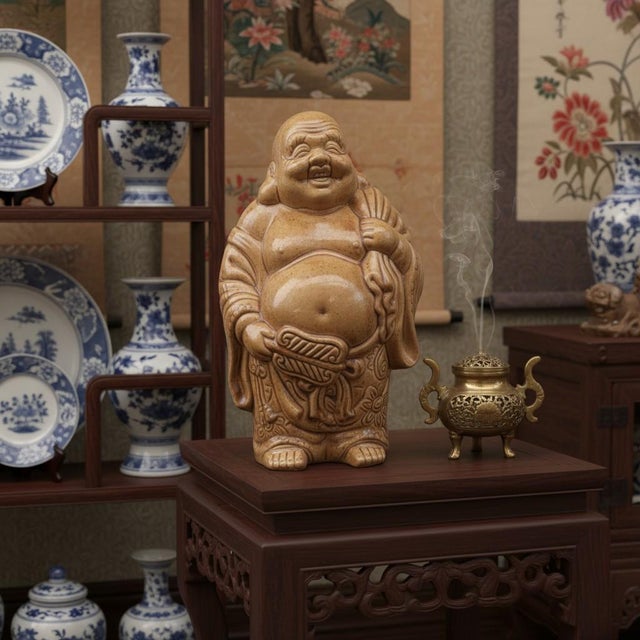 Vintage Studio Pottery Hotei Buddha Statue-Signed JK-Large-Figure-Meditation-Zen For Sale - Image 10 of 11