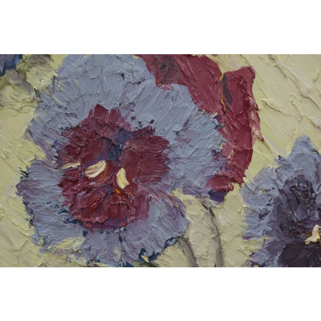 Late 20th Century Helen McRae Still Life Vase of Pansies Floral Oil Painting on Board 12" For Sale - Image 9 of 9