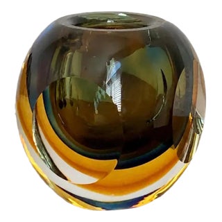 Mid-Century Italian Sommerso Art Glass Vase in Amber, Olive Green, Cobalt & Clear For Sale