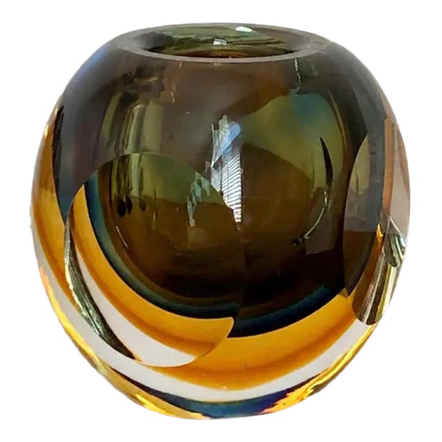 Mid-Century Italian Sommerso Art Glass Vase in Amber, Olive Green, Cobalt & Clear For Sale