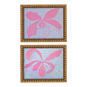 Original Orchid Painting Set of 2 – Pink Boho Floral Art on Textured Board – Oil Painting in Gold Wood Frame by Tatiana Duperault