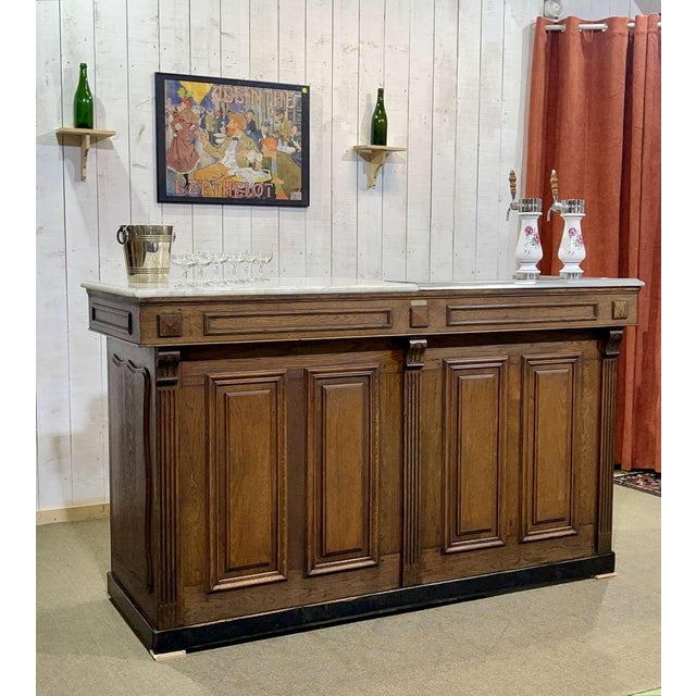 Brown Bar Counter in Oak with Zinc and White Marble For Sale - Image 8 of 18