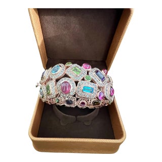 Bochic “Capri” Vintage Ruby & Sapphire Bangle Set In 18K Gold & Silver For Sale