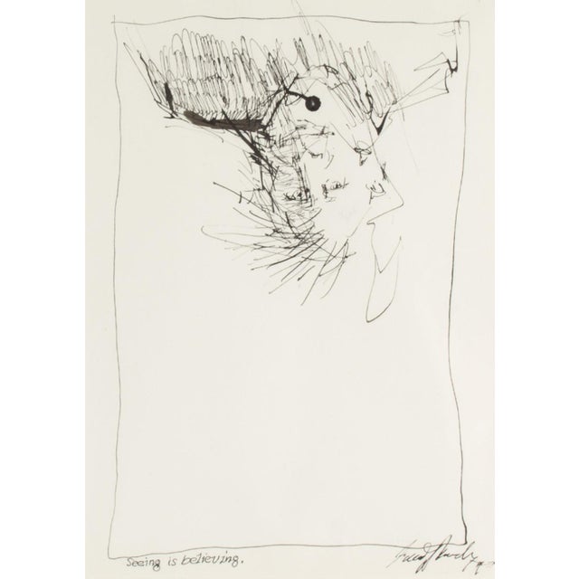 An ink drawing, titled "Seeing In Believing," by the American artist James L. Bruch (1942-2023). This piece features an...