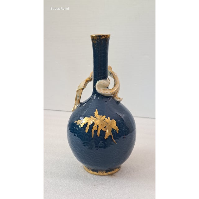 Ceramic Antique Jean Pouyat Limoges Cobalt Blue & Gilt Porcelain Bottle Vase With Branch Handle For Sale - Image 7 of 12