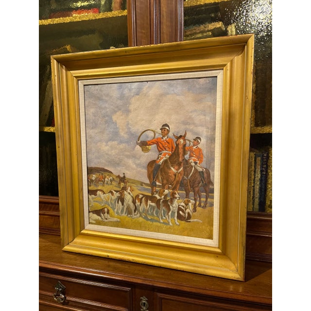 Textile Early English Hunt Scene Original Oil Painting on Canvas, Framed For Sale - Image 7 of 7