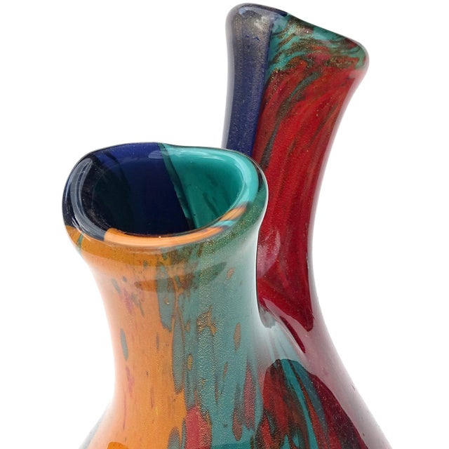 Murano Murano Vintage Painterly Oriente Design Gold Flecks Italian Art Glass Abstract Double Spout Flower Vase For Sale - Image 4 of 10